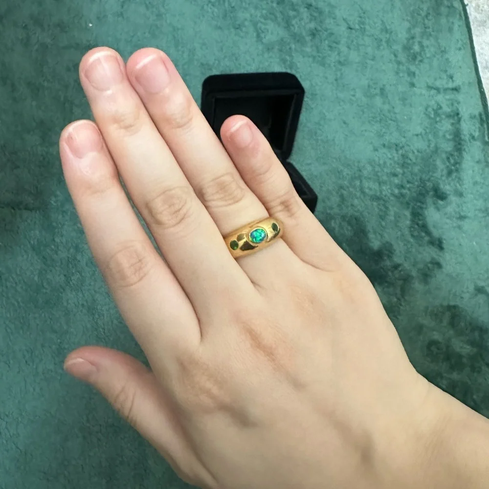 🚫🚫🚫SOLD Green Tourmaline-Opal-Green Tourmaline three stone 18k yg ring-heavy - Picture 6 of 11